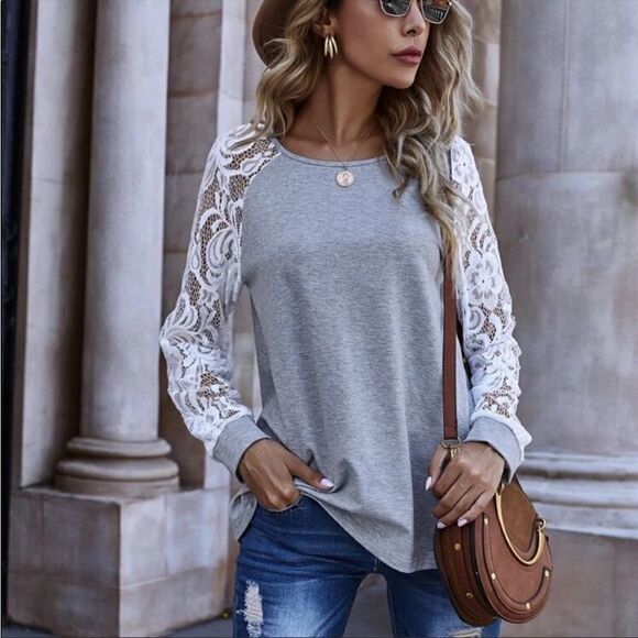 Boho Lace Long Sleeve Casual Top - Picture 1 of 8